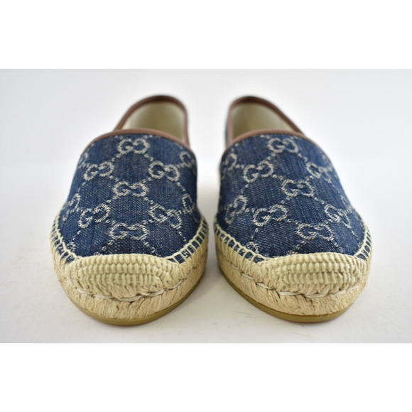 Gucci Jacquard Denim Blue Tea Brown Leather Ivory GG Logo Flat Espadrilles 36 - Picture 8 of 11